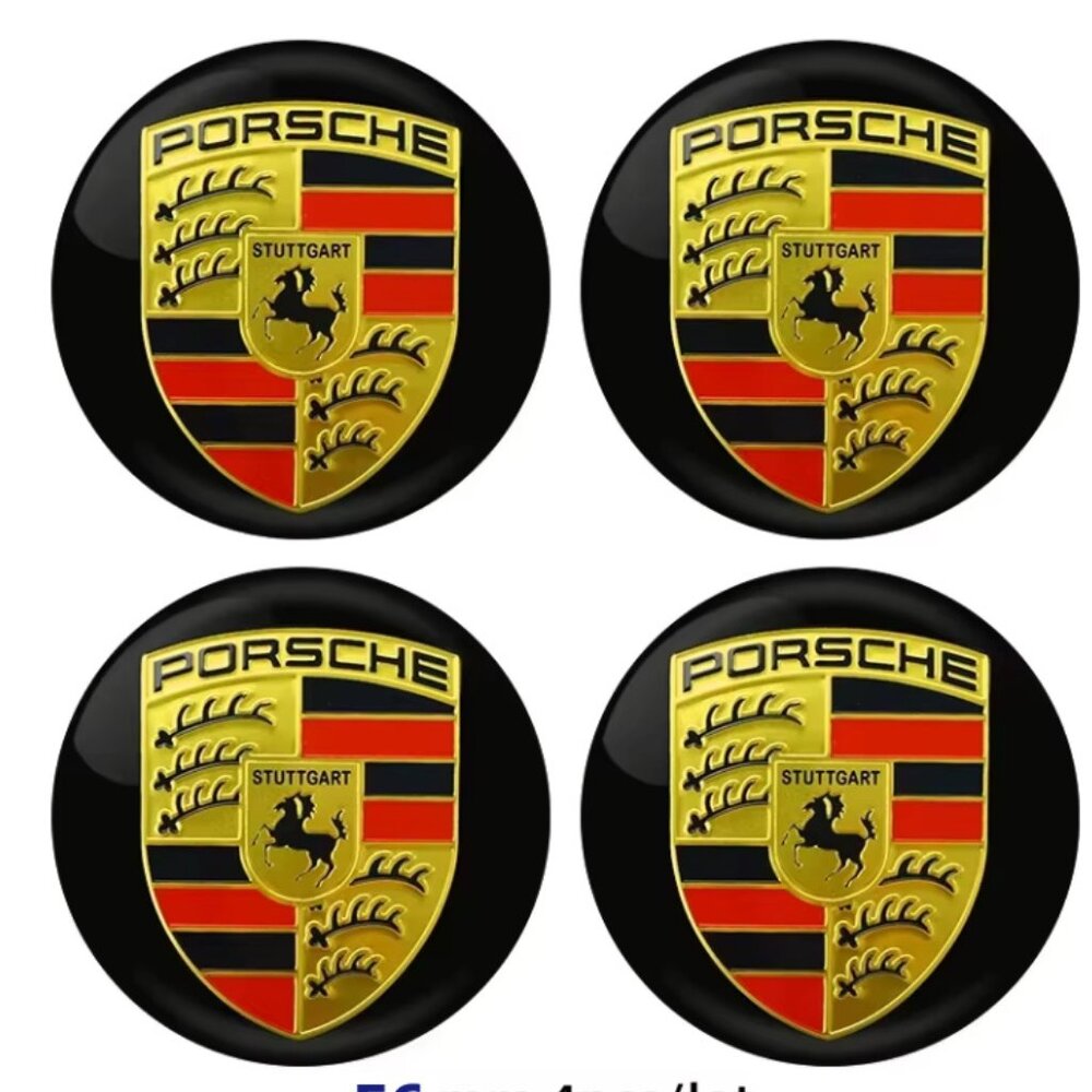 Four New 56 MM/2.2 " PORSCHE STUTTGART Emblems Golden Black Logo Wheel Stickers